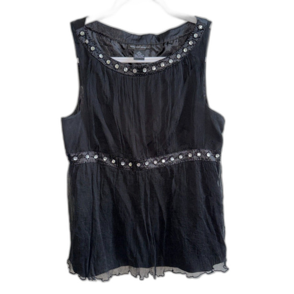 Jeremy Velvet Tops - Vtg Y2K Spenser Jeremy Silk Babydoll Top L Black Beaded Rhinestone Chiffon Tank